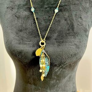 Long Single Turquoise “Leaf” Pendant with Smaller Gold Leaves
